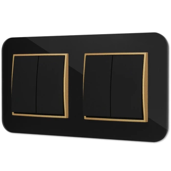 Dwa włączniki podwójne z ramką zaokrągloną efekt szkła seria ICON kolor czarny/złoty