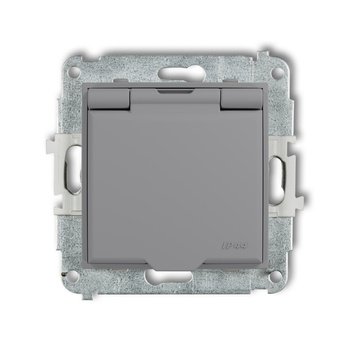 Mechanizm gniazda bryzgoszczelnego z uziemieniem 2P+Z klapka szary mat, przesłony torów prądowych Karlik seria ICON 27IGPB-1zp kolor szary mat