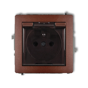 Mechanizm gniazda bryzgoszczelnego z uziemieniem 2P+Z klapka dymna, przesłony torów prądowych Karlik seria DECO 9DGPB-1zdp kolor brązowy metalik