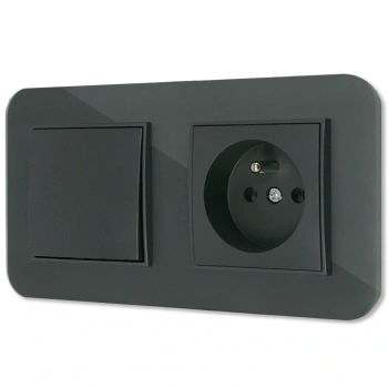 Włącznik pojedynczy z gniazdem pojedynczym z ramką zaokrągloną efekt szkła seria ICON kolor grafitowy mat