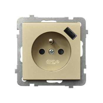 Gniazdo pojedyncze z uziemieniem z przesłonami torów prądowych, z ładowarką USB seria SONATA kolor Szampański złoty symbol GP-1RZPUSB/m/39