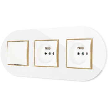 Włącznik pojedynczy i dwa gniazda pojedyncze z ramką okrągłą efekt szkła seria ICON kolor biały/złoty
