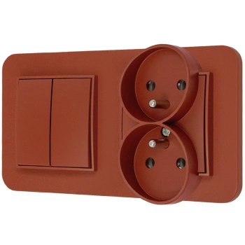Włącznik podwójny z gniazdem podwójnym z ramką zaokrągloną seria MINI kolor terakota