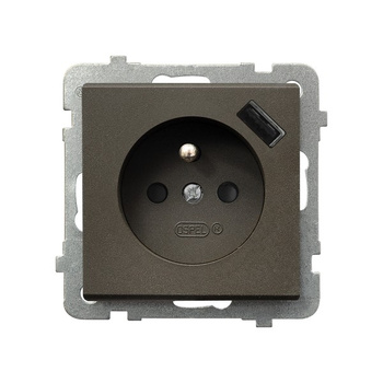 Gniazdo pojedyncze z uziemieniem z przesłonami torów prądowych, z ładowarką USB seria SONATA kolor Czekoladowy metalik symbol GP-1RZPUSB/m/40