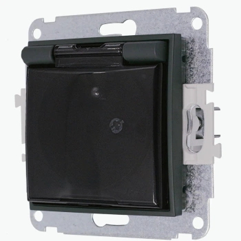 Mechanizm gniazda bryzgoszczelnego z uziemieniem 2P+Z klapka dymna, przesłony torów prądowych Karlik seria MINI 28MGPB-1zdp kolor grafitowy mat