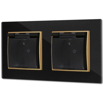 Dwa gniazda hermetyczne do łazienki z ramką kwadratową efekt szkła seria ICON kolor czarny/złoty