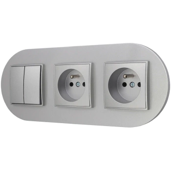 Włącznik podwójny i dwa gniazda pojedyncze z ramką okrągłą seria MINI kolor srebrny