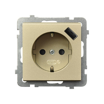 Gniazdo pojedyncze z uziemieniem schuko z przesłonami torów prądowych, z ładowarką USB seria SONATA kolor Szampański złoty symbol GP-1RSPUSB/m/39