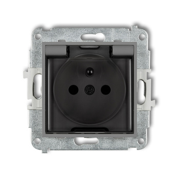 Mechanizm gniazda bryzgoszczelnego z uziemieniem 2P+Z klapka dymna, przesłony torów prądowych Karlik seria ICON 27IGPB-1zdp kolor szary mat