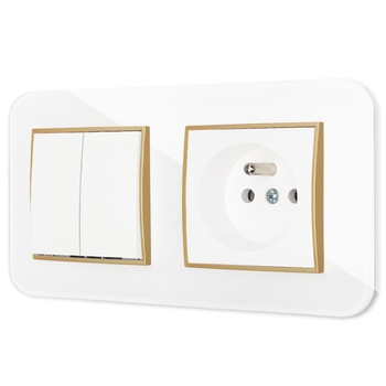 Włącznik podwójny z gniazdem pojedynczym z ramką zaokrągloną efekt szkła seria ICON kolor biały/złoty