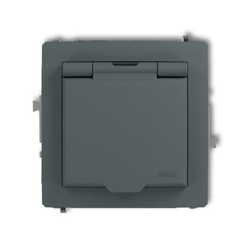 Mechanizm gniazda bryzgoszczelnego z uziemieniem 2P+Z klapka grafitowy mat, przesłony torów prądowych Karlik seria DECO 28DGPB-1zp kolor grafitowy mat