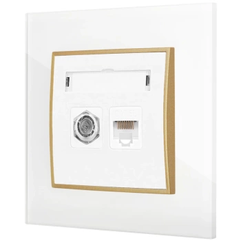 Gniazdo rj45/antenowe z ramką kwadratową efekt szkła seria ICON kolor biały/złoty