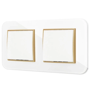 Dwa włączniki pojedyncze z ramką zaokrągloną efekt szkła seria ICON kolor biały/złoty