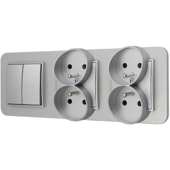 Włącznik podwójny i dwa gniazda podwójne z ramką zaokrągloną seria MINI kolor srebrny