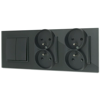 Włącznik podwójny i dwa gniazda podwójne z ramką kwadratową efekt szkła seria ICON kolor grafitowy mat