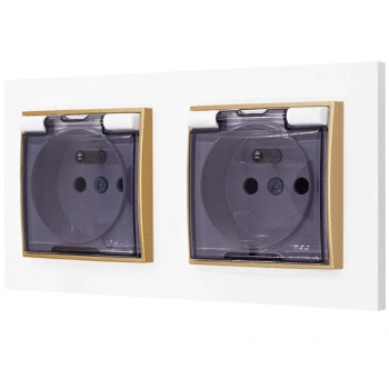 Dwa gniazda hermetyczne do łazienki z ramką prostą seria MINI kolor biały mat/złoty