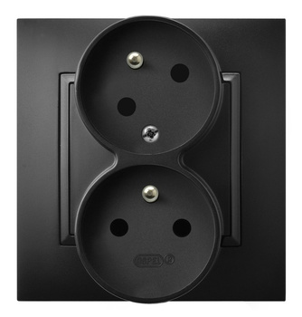 Gniazdo podwójne z uziemieniem z funkcją niezamienności faz, kompletne z ramką seria ARIA kolor Czarny metalik symbol GP-2UC/33