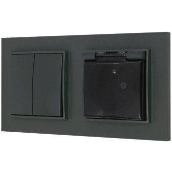 Włącznik podwójny z gniazdem hermetycznym z ramką prostą seria MINI kolor grafitowy mat