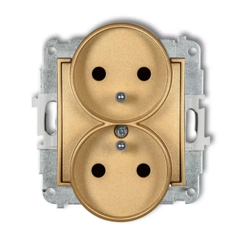 Mechanizm gniazda podwójnego do ramki z uziemieniem 2x2P+Z z przesłonami torów Karlik seria ICON 29IGPR-2zp kolor złoty