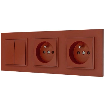 Włącznik podwójny i dwa gniazda pojedyncze z ramką kwadratową seria MINI kolor terakota