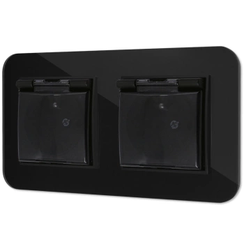 Dwa gniazda hermetyczne do łazienki z ramką zaokrągloną efekt szkła seria ICON kolor czarny