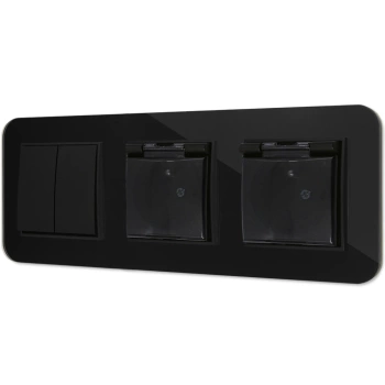 Włącznik podwójny i dwa gniazda hermetyczne z ramką zaokrągloną efekt szkła seria ICON kolor czarny