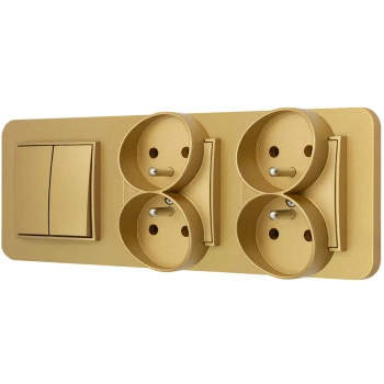 Włącznik podwójny i dwa gniazda podwójne z ramką zaokrągloną seria MINI kolor złoty