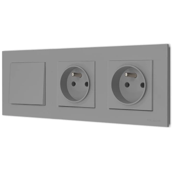 Włącznik pojedynczy i dwa gniazda pojedyncze z ramką seria Bella kolor popiel mat