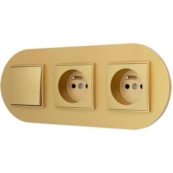 Włącznik pojedynczy i dwa gniazda pojedyncze z ramką okrągłą seria MINI kolor złoty