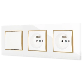 Włącznik pojedynczy i dwa gniazda pojedyncze z ramką kwadratową efekt szkła seria ICON kolor biały/złoty