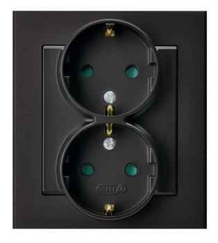 Gniazdo podwójne z uziemieniem schuko z przesłonami torów prądowych, kompletne z ramką seria SONATA kolor Czarny metalik symbol GP-2RSP/33