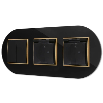 Włącznik podwójny i dwa gniazda hermetyczne z ramką okrągłą efekt szkła seria ICON kolor czarny/złoty