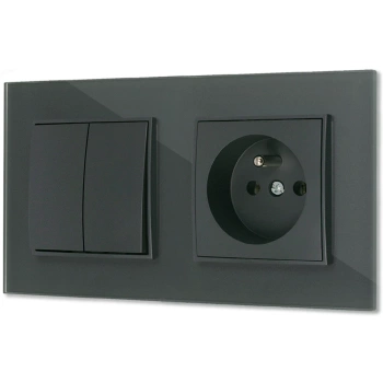 Włącznik podwójny z gniazdem pojedynczym z ramką kwadratową efekt szkła seria ICON kolor grafitowy mat