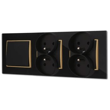 Włącznik pojedynczy i dwa gniazda podwójne z ramką kwadratową efekt szkła seria ICON kolor czarny/złoty