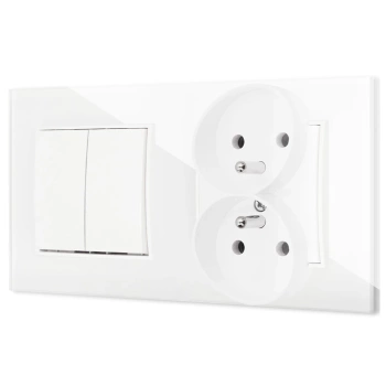 Włącznik podwójny z gniazdem podwójnym z ramką kwadratową efekt szkła seria ICON kolor biały