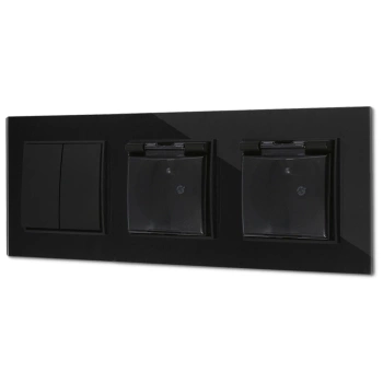 Włącznik podwójny i dwa gniazda hermetyczne z ramką kwadratową efekt szkła seria ICON kolor czarny