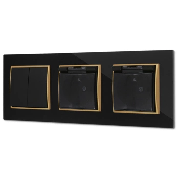 Włącznik podwójny i dwa gniazda hermetyczne z ramką kwadratową efekt szkła seria ICON kolor czarny/złoty