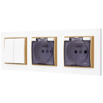 Włącznik podwójny i dwa gniazda hermetyczne z ramką prostą seria MINI kolor biały mat/złoty