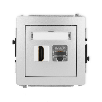 Mechanizm gniazda pojedynczego HDMI 2.1, 8K + gniazda komp. poj. 1xRJ45, kat. 8, ekranowany, 8-stykowy Karlik seria DECO 7DGHK-88 kolor srebrny metalik