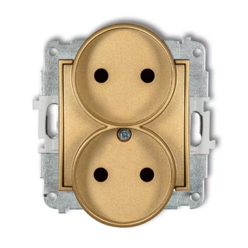 Mechanizm gniazda podwójnego do ramki bez uziemienia 2x2P z przesłonami torów Karlik seria ICON 29IGPR-2p kolor złoty