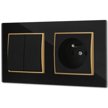 Włącznik podwójny z gniazdem pojedynczym z ramką kwadratową efekt szkła seria ICON kolor czarny/złoty