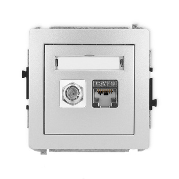 Mechanizm gniazda antenowego poj. typu F SAT + gniazda komp. poj. 1xRJ45, kat. 6 ekranowany, 8-stykowy Karlik seria DECO 7DGFK-5 kolor srebrny metalik