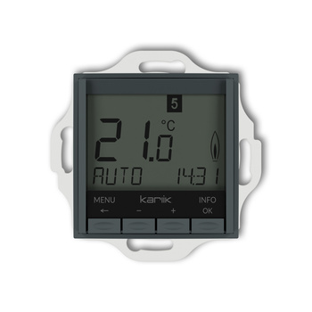 Mechanizm uniwersalnego elektronicznego tygodniowego regulatora temperatury podświetlenie białe Karlik seria ICON 28IRT-3.1 kolor grafitowy mat