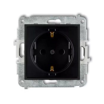 Mechanizm gniazda pojedynczego z uziemieniem SCHUKO 2P+Z z przesłonami torów Karlik seria MINI 12MGP-1sp kolor czarny mat