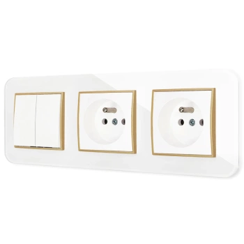 Włącznik podwójny i dwa gniazda pojedyncze z ramką zaokrągloną efekt szkła seria ICON kolor biały/złoty