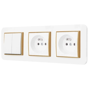 Włącznik podwójny i dwa gniazda pojedyncze z ramką zaokrągloną seria MINI kolor biały mat/złoty