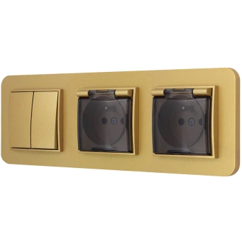 Włącznik podwójny i dwa gniazda hermetyczne z ramką zaokrągloną seria MINI kolor złoty