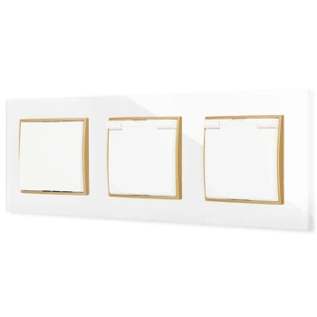 Włącznik pojedynczy i dwa gniazda hermetyczne z ramką kwadratową efekt szkła seria ICON kolor biały/złoty