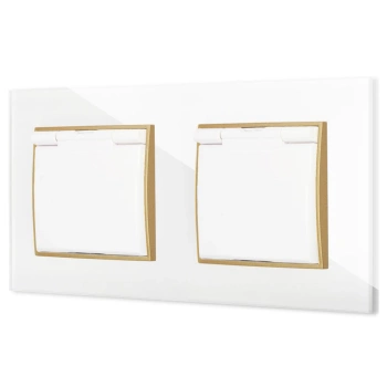 Dwa gniazda hermetyczne do łazienki z ramką kwadratową efekt szkła seria ICON kolor biały/złoty