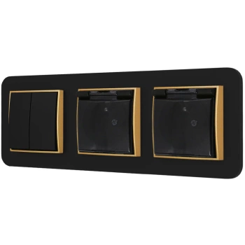 Włącznik podwójny i dwa gniazda hermetyczne z ramką zaokrągloną seria MINI kolor czarny złoty